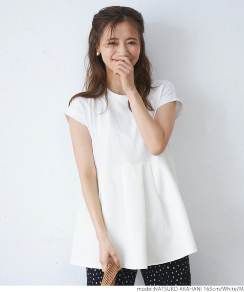 coca（coca）（コカ）の「異素材切り替えフレンチスリーブフレアチュニック（Tシャツ/カットソー・レディース・グレイッシュベージュ/ホワイト/ブラック・M/L）」の12枚目の写真