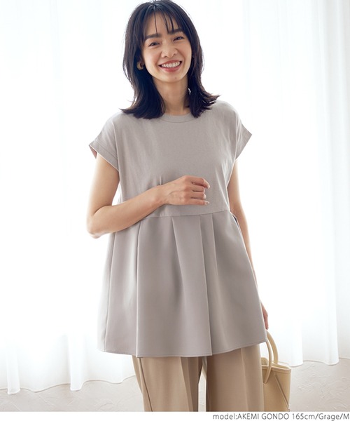 coca（coca）（コカ）の「異素材切り替えフレンチスリーブフレアチュニック（Tシャツ/カットソー・レディース・グレイッシュベージュ/ホワイト/ブラック・M/L）」の14枚目の写真