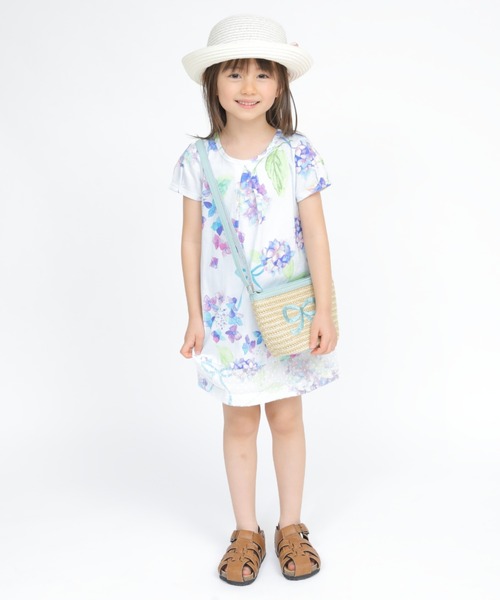 まゆ　hakka kids / アジサイ リボン 半袖ワンピース HAKKA KIDS（ハッカキッズ）の「アジサイリボンプリント半袖