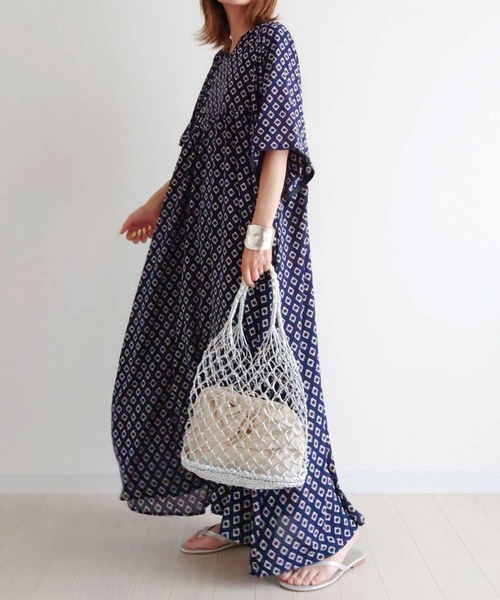 CORNERS（コーナーズ）の「CORNERS by yui　コモン柄カフタンワンピース（ワンピース・レディース・アイボリー/ブラウン/ミント/ネイビー/ブラック・M）」の6枚目の写真