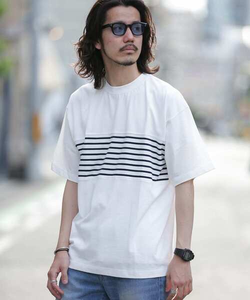 URBAN RESEARCH Sonny Label（アーバンリサーチサニーレーベル）の「ボーダー切替Tシャツ（Tシャツ/カットソー・メンズ・オフホワイト/ネイビー/オレンジ・LARGE/MEDIUM）」の2枚目の写真