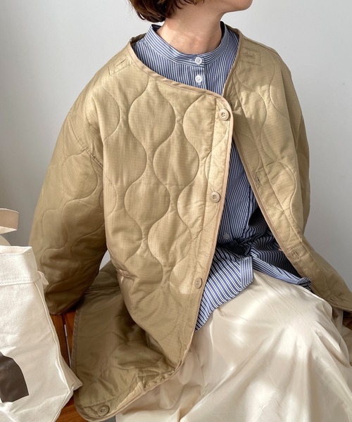 210nouve(トゥージュヌーブ)の「リップストップキルティングミドルコート(ノーカラージャケット・レディース・ブラック/ベージュ/カーキ/アイボリー/ブラウン/グリーン系その他・FREE)」の22枚目の写真