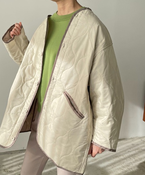 210nouve(トゥージュヌーブ)の「リップストップキルティングミドルコート(ノーカラージャケット・レディース・ブラック/ベージュ/カーキ/アイボリー/ブラウン/グリーン系その他・FREE)」の12枚目の写真