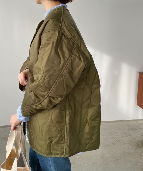 210nouve(トゥージュヌーブ)の「リップストップキルティングミドルコート(ノーカラージャケット・レディース・ブラック/ベージュ/カーキ/アイボリー/ブラウン/グリーン系その他・FREE)」の10枚目の写真