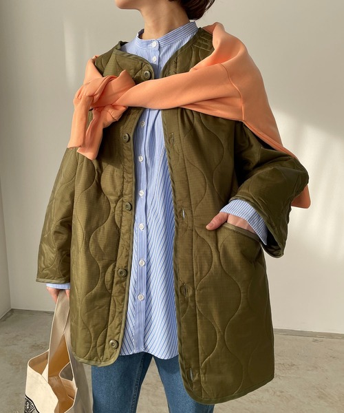 210nouve(トゥージュヌーブ)の「リップストップキルティングミドルコート(ノーカラージャケット・レディース・ブラック/ベージュ/カーキ/アイボリー/ブラウン/グリーン系その他・FREE)」の7枚目の写真