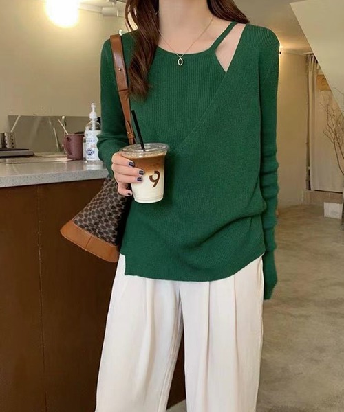 レジャ Leja 畔編みニットクルーネックトップス 20代 30代 40代 （CHOCOLATE） Leja（レジャ）の「【LEJA】畔編みニットクルーネックトップス