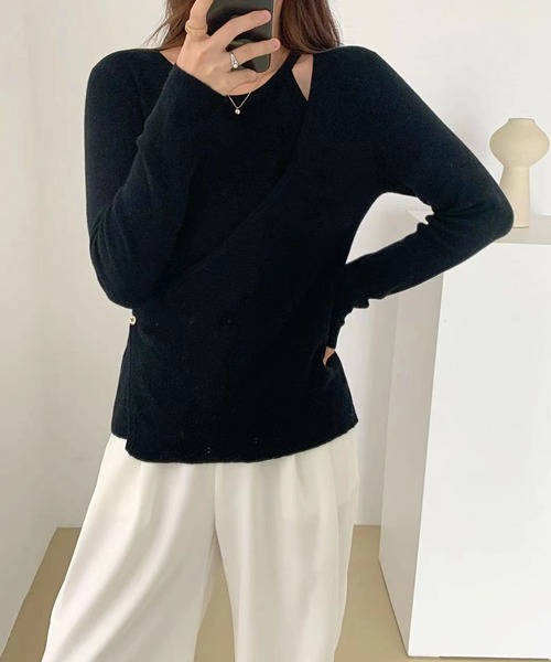 Leja(レジャ)の「【ELCY】2021AW新色カシュクールスリットリブニットトップス(ニット/セーター・レディース・ホワイト/ブラック/ブラウン/ベージュ/グリーン/ライトグリーン/ピンク・FREE)」の3枚目の写真