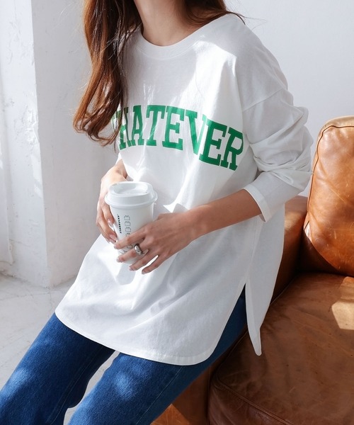 andme（アンドミー）の「コットン天竺長袖ロゴプリントラウンドヘムTシャツ（Tシャツ/カットソー・レディース・ダークブルー/チャコールグレー/モカ/オフホワイト/ブラック/ミント/ピンク/ピンク系その他/レッド系その他/グリーン系その他・M）」の6枚目の写真