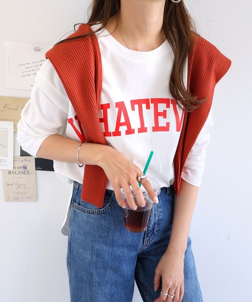 andme（アンドミー）の「コットン天竺長袖ロゴプリントラウンドヘムTシャツ（Tシャツ/カットソー・レディース・ダークブルー/チャコールグレー/モカ/オフホワイト/ブラック/ミント/ピンク/ピンク系その他/レッド系その他/グリーン系その他・M）」の14枚目の写真