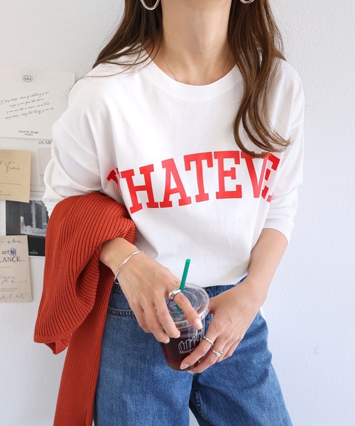 andme（アンドミー）の「コットン天竺長袖ロゴプリントラウンドヘムTシャツ（Tシャツ/カットソー・レディース・ダークブルー/チャコールグレー/モカ/オフホワイト/ブラック/ミント/ピンク/ピンク系その他/レッド系その他/グリーン系その他・M）」の15枚目の写真