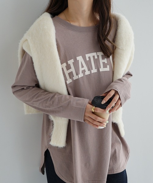 andme（アンドミー）の「コットン天竺長袖ロゴプリントラウンドヘムTシャツ（Tシャツ/カットソー・レディース・ダークブルー/チャコールグレー/モカ/オフホワイト/ブラック/ミント/ピンク/ピンク系その他/レッド系その他/グリーン系その他・M）」の17枚目の写真