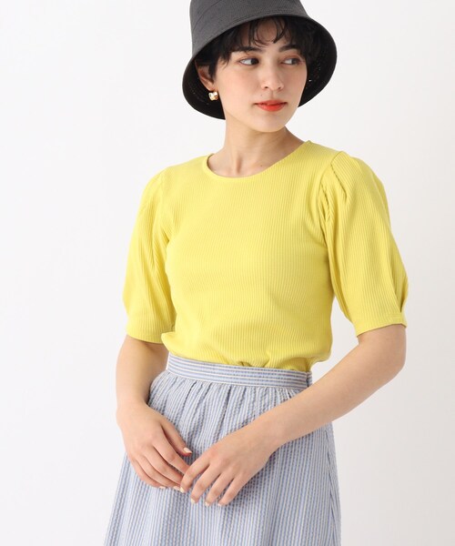 OPAQUE.CLIP(オペークドットクリップ)の「◆スペインピマコットン ギャザースリーブリブカットソー(Tシャツ/カットソー・レディース・マスタード/ホワイト系/ホワイト系その他3/ブラック・38/36/42/40)」の4枚目の写真