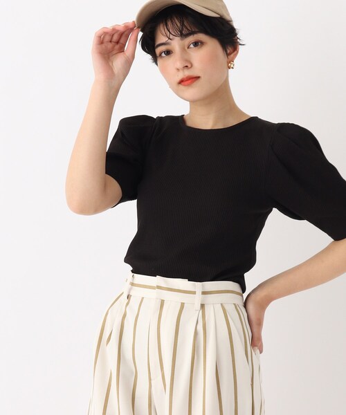 OPAQUE.CLIP(オペークドットクリップ)の「◆スペインピマコットン ギャザースリーブリブカットソー(Tシャツ/カットソー・レディース・マスタード/ホワイト系/ホワイト系その他3/ブラック・38/36/42/40)」の1枚目の写真