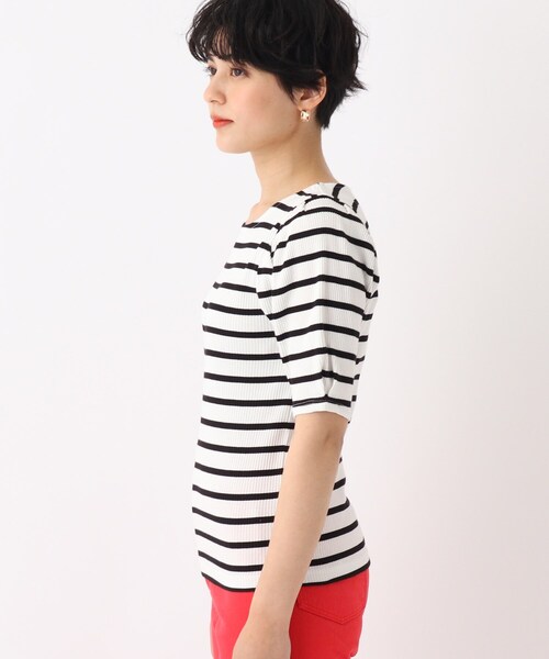 OPAQUE.CLIP(オペークドットクリップ)の「◆スペインピマコットン ギャザースリーブリブカットソー(Tシャツ/カットソー・レディース・マスタード/ホワイト系/ホワイト系その他3/ブラック・38/36/42/40)」の6枚目の写真