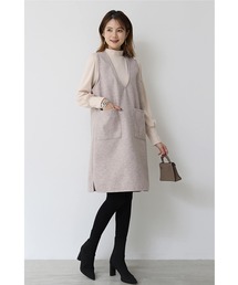 ミディアムワンピース Vネック ワンピース 重ね着 ロングワンピース 冬 秋 シンプル 無地 ポケット付き レディース カジュアル