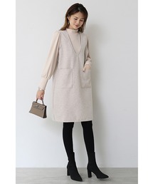 ミディアムワンピース Vネック ワンピース 重ね着 ロングワンピース 冬 秋 シンプル 無地 ポケット付き レディース カジュアル