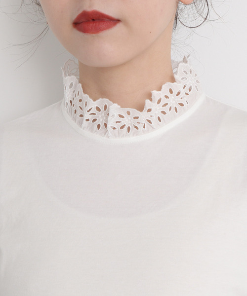 Dot＆Stripes CHILD WOMAN（ドットアンドストライプス　チャイルドウーマン）の「30/-天竺 コットンレースインナー（Tシャツ/カットソー・レディース・ホワイト/ブラック・FREE）」の5枚目の写真