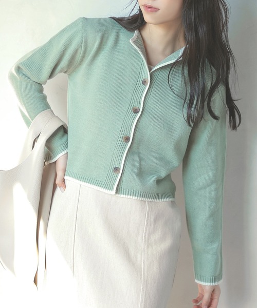 Isn't She?(イズントシー)の「配色パイピングニットカーディガン(カーディガン/ボレロ・レディース・ベージュ/オリーブ/ブラウン・FREE)」の3枚目の写真