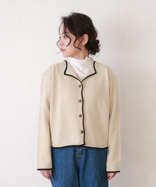 Isn't She?(イズントシー)の「配色パイピングニットカーディガン(カーディガン/ボレロ・レディース・ベージュ/オリーブ/ブラウン・FREE)」の4枚目の写真