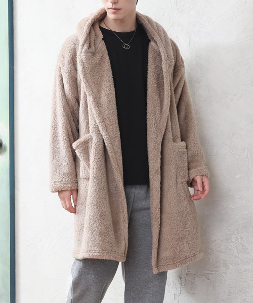 TopIsm（トップイズム）の「シャギーボア 無地ドロップショルダーコーディガン（スウェット・メンズ・ベージュ/ライトパープル/ブラック/クリアグリーン/ブルー/グレー/ワインレッド・M/L）」の4枚目の写真