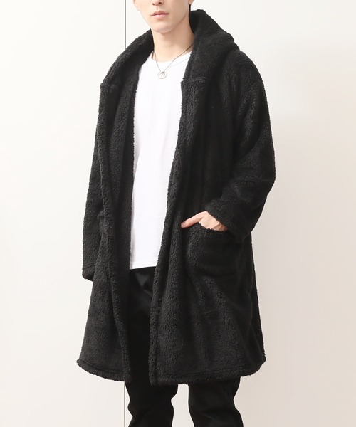 TopIsm（トップイズム）の「シャギーボア 無地ドロップショルダーコーディガン（スウェット・メンズ・ベージュ/ライトパープル/ブラック/クリアグリーン/ブルー/グレー/ワインレッド・M/L）」の2枚目の写真