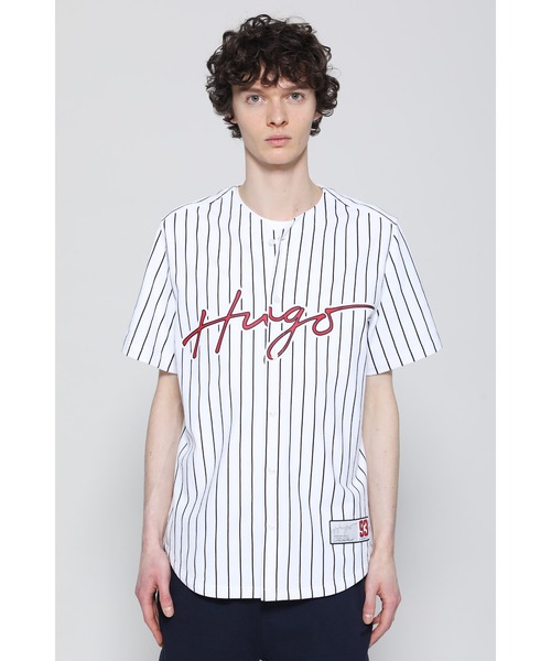 【セール】HUGOロゴ ストライプコットン リラックスフィット ノーカラーシャツ（シャツ/ブラウス）｜HUGO（ヒューゴ）のファッション通販