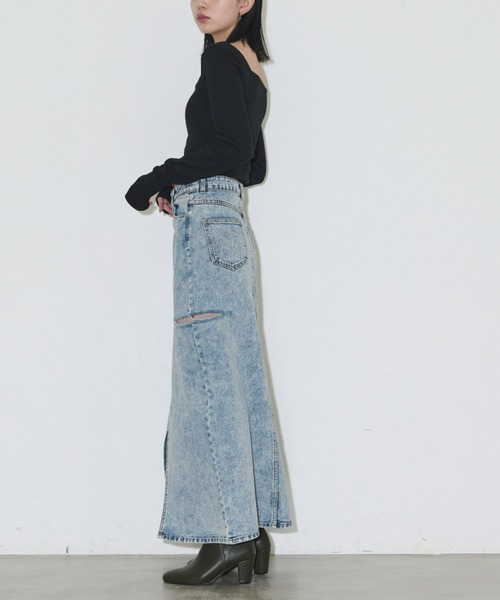 Aunt Marie's(アントマリーズ)の「【S,M,Lサイズ展開】サイドカットオフデニムスカート(デニムスカート・レディース・ライトブルー/ブルー・S/L/M)」の7枚目の写真