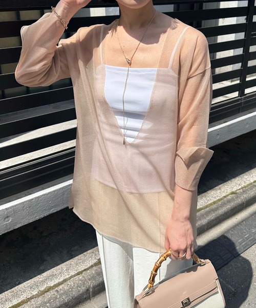 COLLAGE GALLARDAGALANTE（コラージュガリャルダガランテ）の「インナー付きシアーニット（Tシャツ/カットソー・レディース・ベージュ/ネイビー・FREE）」の2枚目の写真