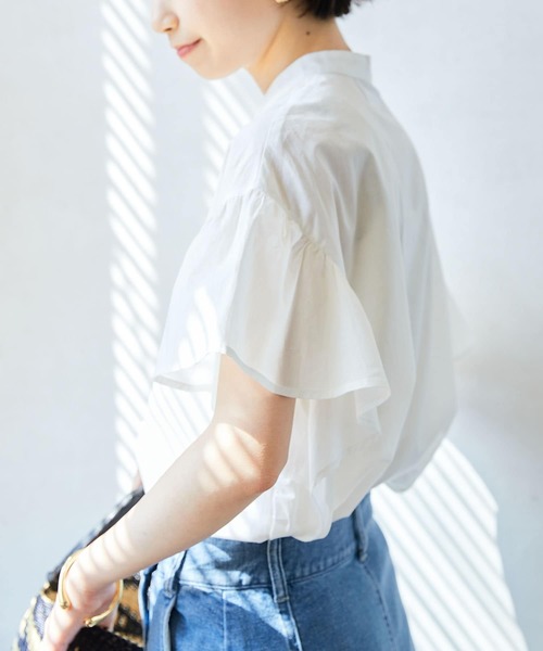 フリル袖バンドカラーシャツ