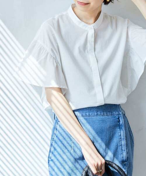 フリル袖バンドカラーシャツ