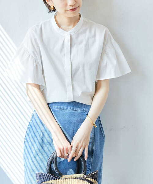 フリル袖バンドカラーシャツ