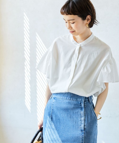 フリル袖バンドカラーシャツ