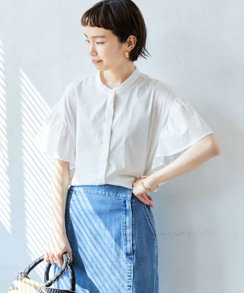 フリル袖バンドカラーシャツ