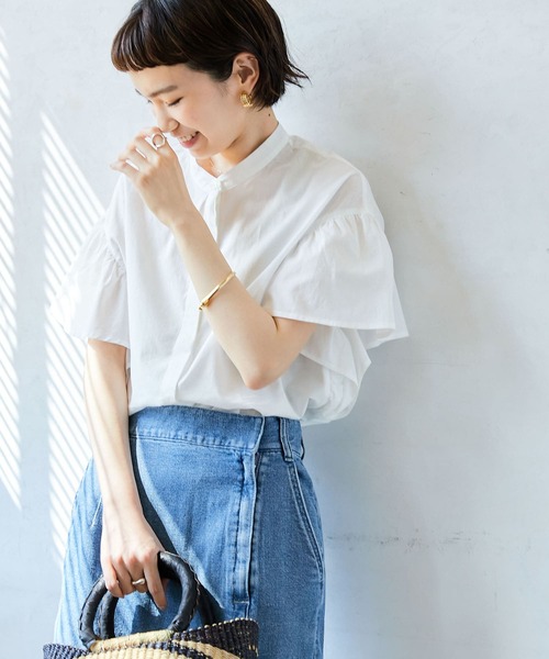 フリル袖バンドカラーシャツ