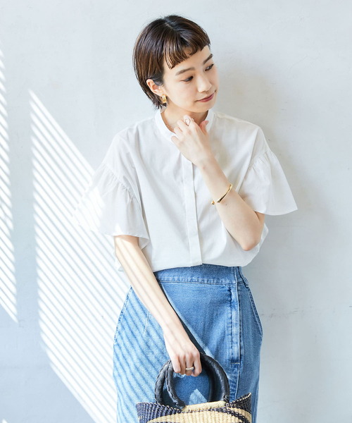 フリル袖バンドカラーシャツ