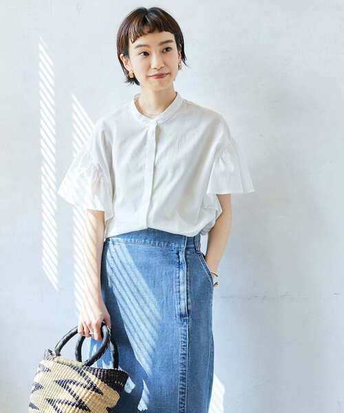 フリル袖バンドカラーシャツ