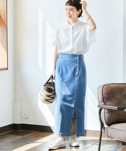 フリル袖バンドカラーシャツ