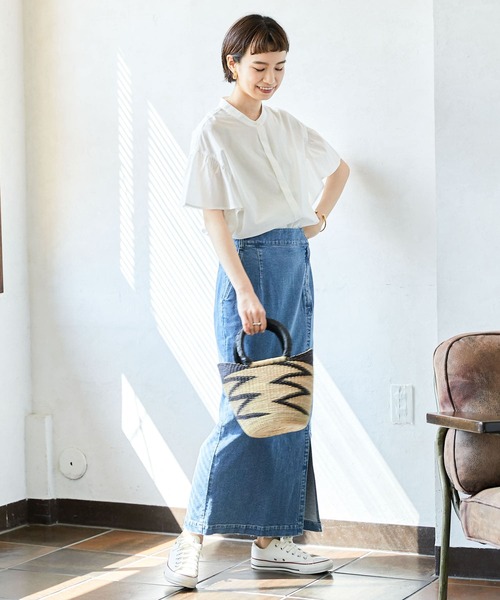 フリル袖バンドカラーシャツ