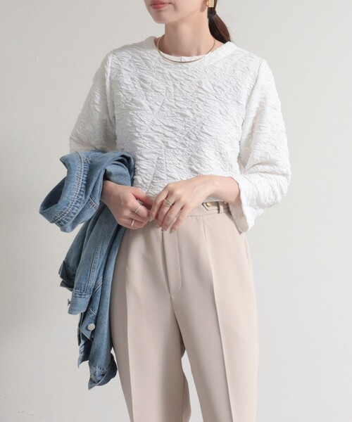 fredy emue(フレディエミュ)の「ポコポコカットJQ8分袖プルオーバー(Tシャツ/カットソー・レディース・チャコールグレー/ブラック/オフホワイト・38)」の4枚目の写真