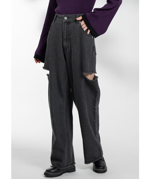 Adoon plain(アドーンプレーン)の「サイドスリットデニム(デニムパンツ・レディース・ブラック/サックスブルー・MEDIUM/LARGE)」の1枚目の写真