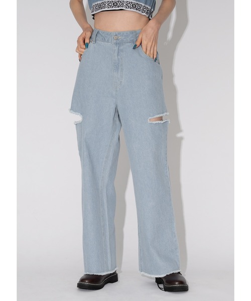 Adoon plain(アドーンプレーン)の「サイドスリットデニム(デニムパンツ・レディース・ブラック/サックスブルー・MEDIUM/LARGE)」の9枚目の写真