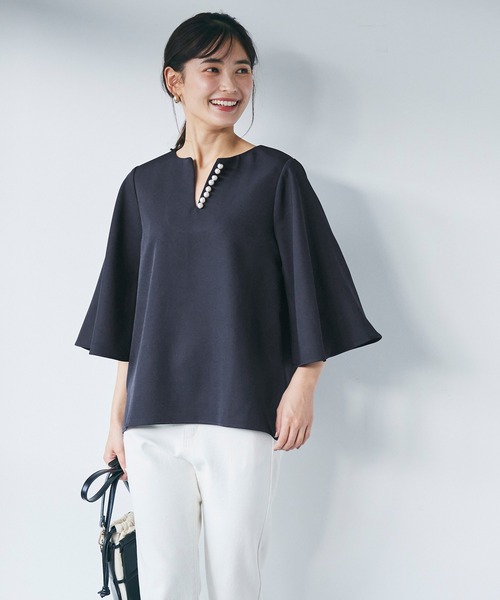 myine パール付きキーネックブラウスセットアップ(ブラック) 全品Point10倍!最大倍率50% スーツ セットアップ パール
