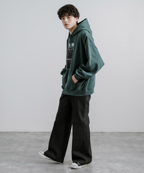 オーバーサイズモノクロフォトプリント裏起毛プルオーバーパーカー