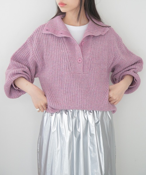 セール】【SETUP7】ハーフボタンローゲージハイネックラメニット