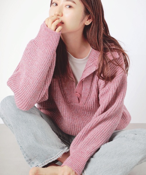 セール】【SETUP7】ハーフボタンローゲージハイネックラメニット