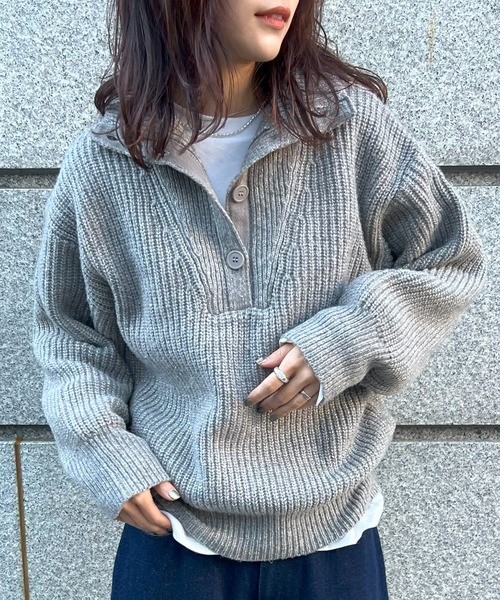 セール】【SETUP7】ハーフボタンローゲージハイネックラメニット