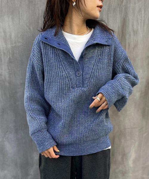 セール】【SETUP7】ハーフボタンローゲージハイネックラメニット