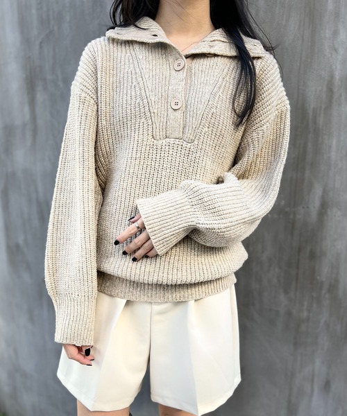 セール】【SETUP7】ハーフボタンローゲージハイネックラメニット