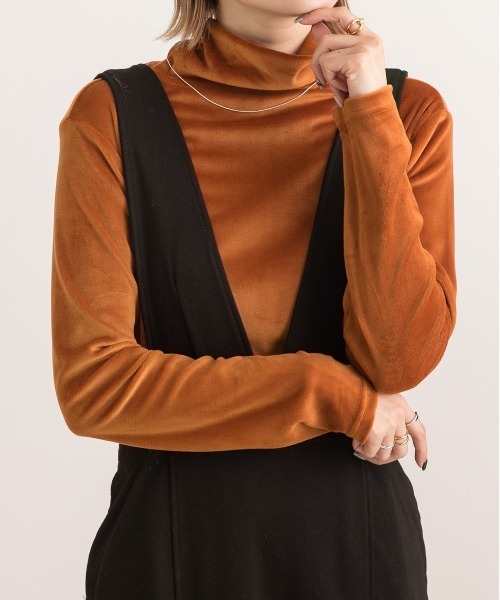 ad thie(アドティエ)の「ベロア素材 ハイネックプルオーバー(Tシャツ/カットソー・レディース・ブラック/オフホワイト/グレー/キャメル/ボルドー/ピンク/ダークグリーン・FREE)」の5枚目の写真