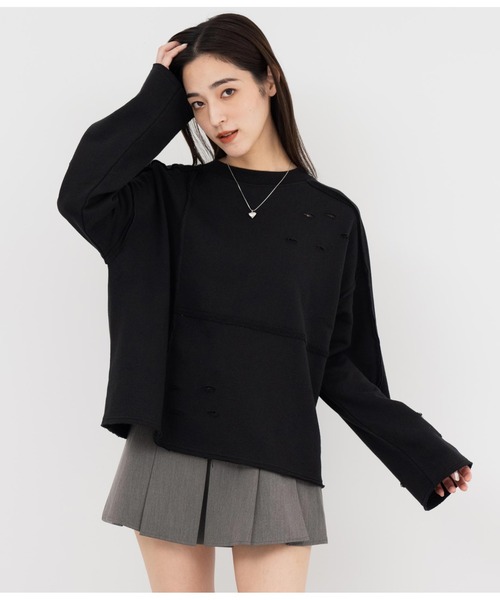 ANAP（アナップ）の「アウトシームダメージ裏毛スウェットトレーナー（スウェット・レディース・ブラック/オフホワイト・FREE）」の10枚目の写真